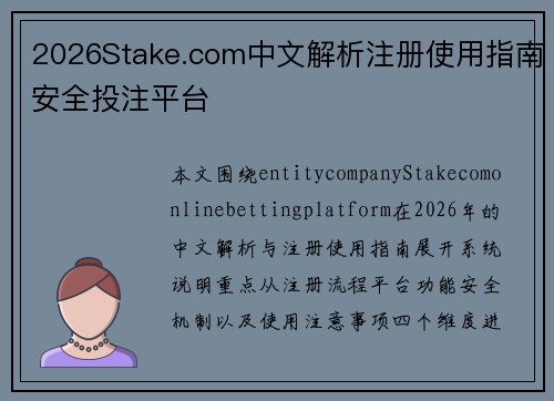 2026Stake.com中文解析注册使用指南安全投注平台